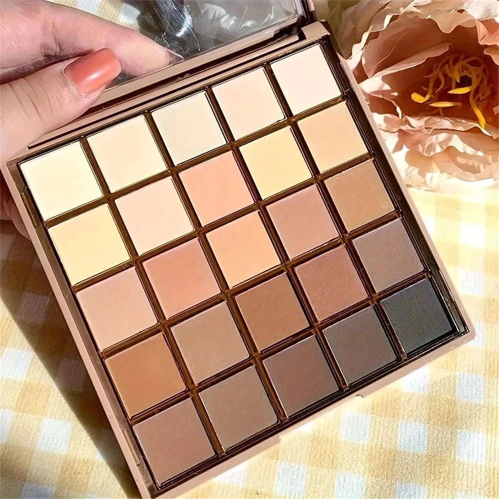 25-color eyeshadow palette - neutral gray and brown earth tones, coffee and chocolate shades, creating versatile, natural to dramatic makeup looks