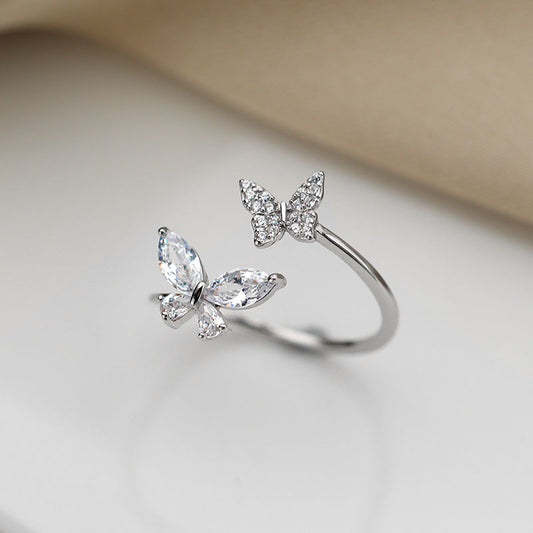 S925 Sterling Silver Butterfly Ring – Adjustable Diamond Inlay Women's Ring