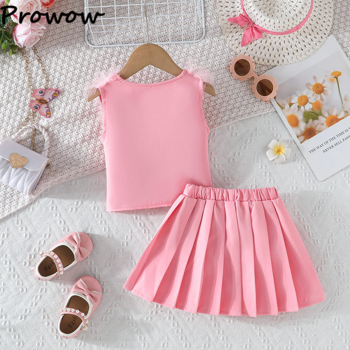 Prowow Girl School Outfit Flutter Sleeve Front Bow T-shirt and Vintage Printed Skirt Summer 2pcs Set For Children Clothing Girls