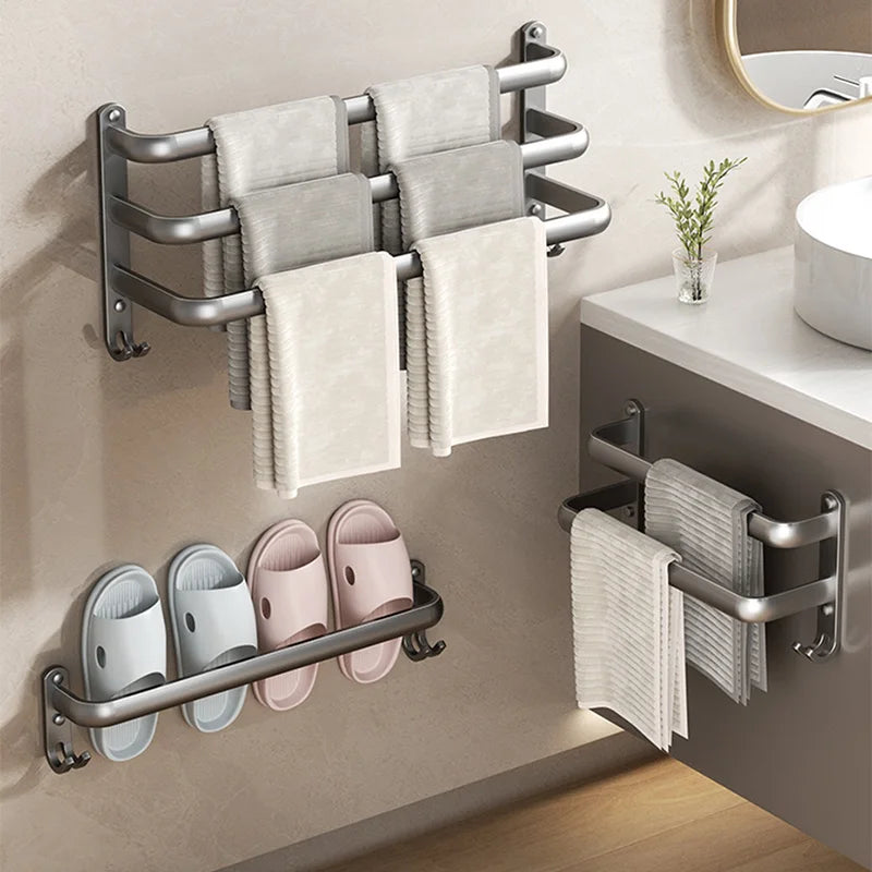 Space Aluminum Multi-Rod Wall Towel Bar – Rust-Proof Bathroom Rack with Hooks, 2 Install Options