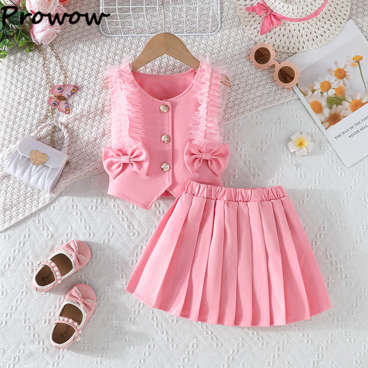 Prowow Girl School Outfit Flutter Sleeve Front Bow T-shirt and Vintage Printed Skirt Summer 2pcs Set For Children Clothing Girls