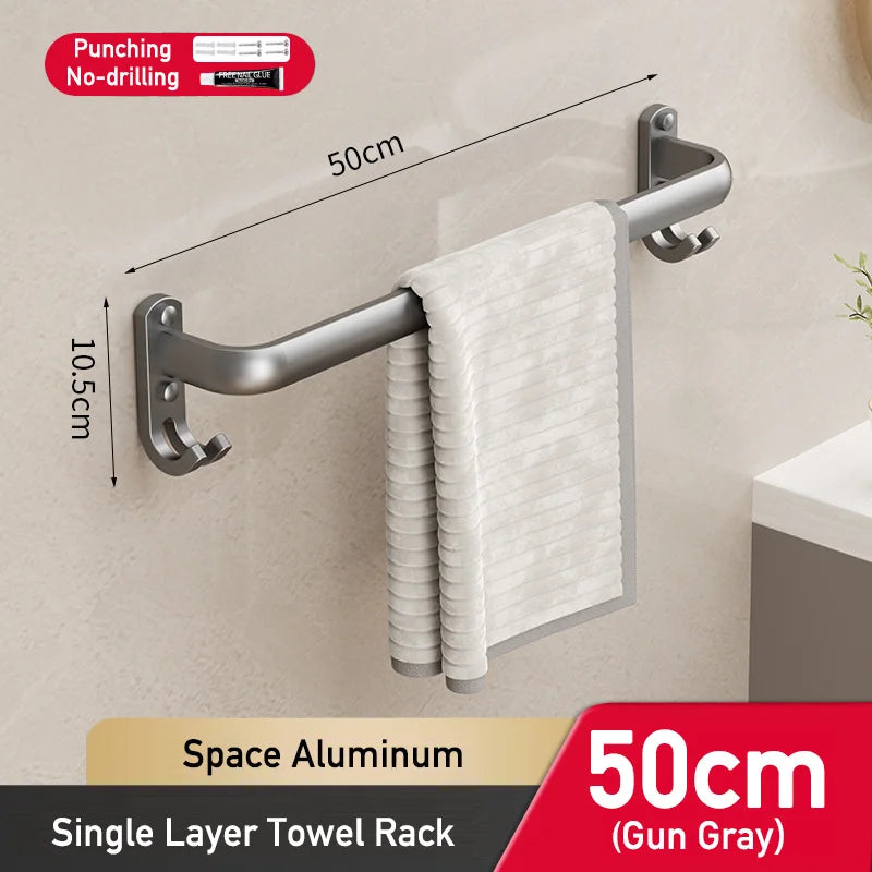 Space Aluminum Multi-Rod Wall Towel Bar – Rust-Proof Bathroom Rack with Hooks, 2 Install Options