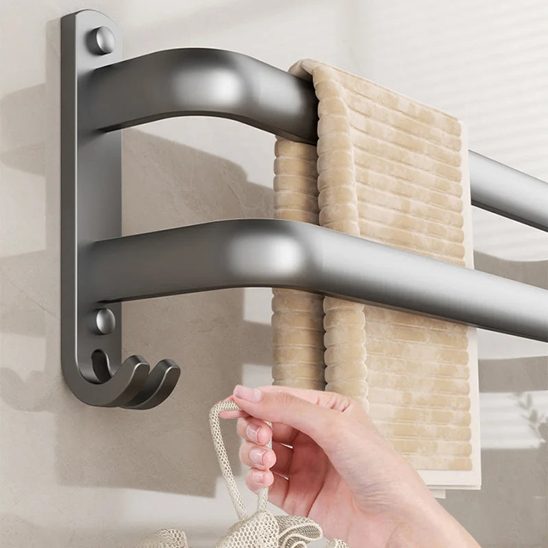 Space Aluminum Multi-Rod Wall Towel Bar – Rust-Proof Bathroom Rack with Hooks, 2 Install Options