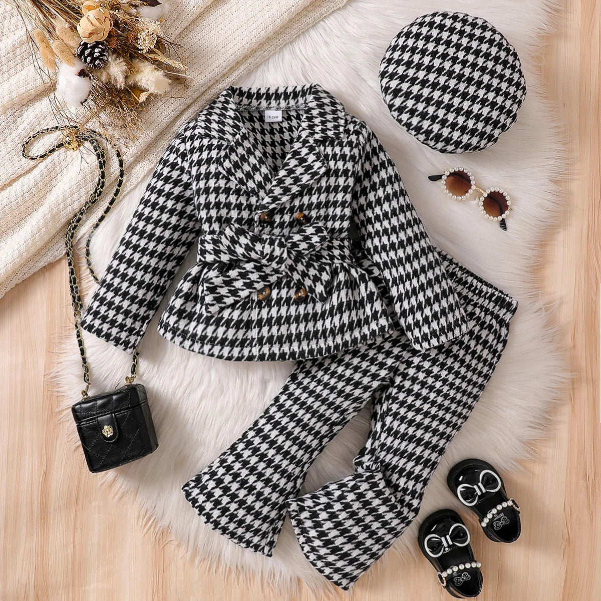 Children Girl 3Pcs Fall Outfits Long Sleeve Double Breasted Plaid Jacket with Belt Flare Pants Beret Hat Set Kids Suit For 1-6Y