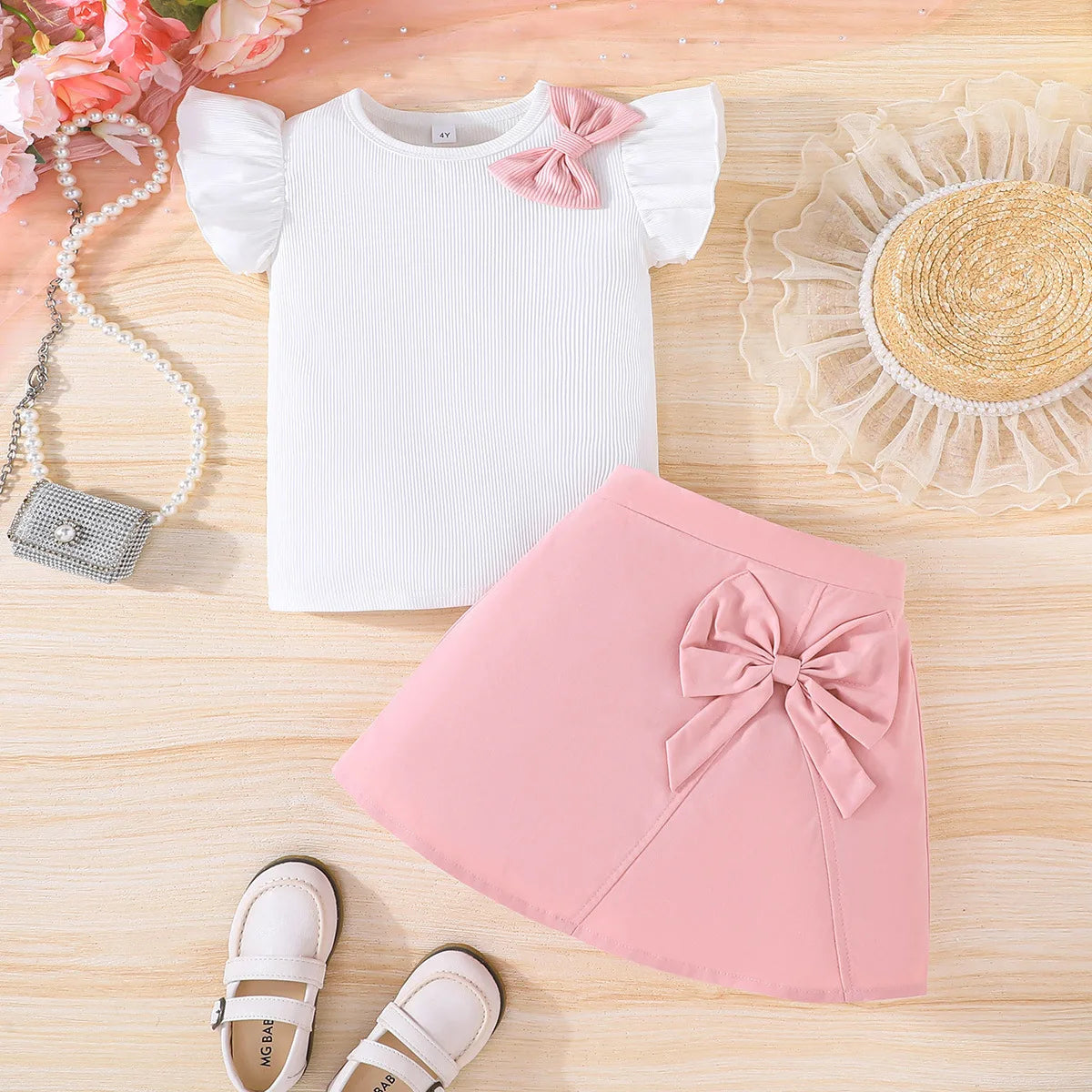 Prowow Girl School Outfit Flutter Sleeve Front Bow T-shirt and Vintage Printed Skirt Summer 2pcs Set For Children Clothing Girls