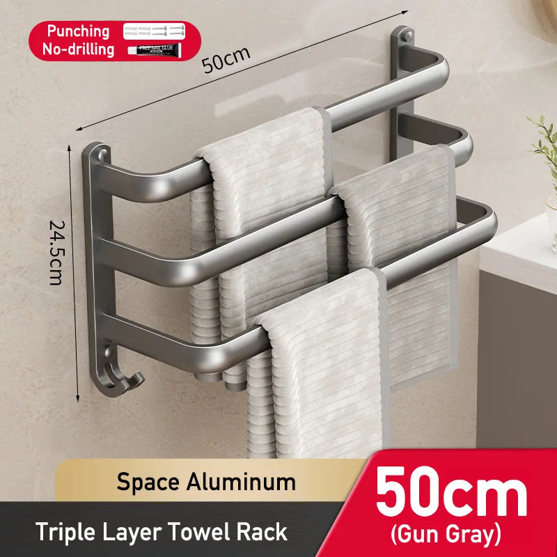 Space Aluminum Multi-Rod Wall Towel Bar – Rust-Proof Bathroom Rack with Hooks, 2 Install Options