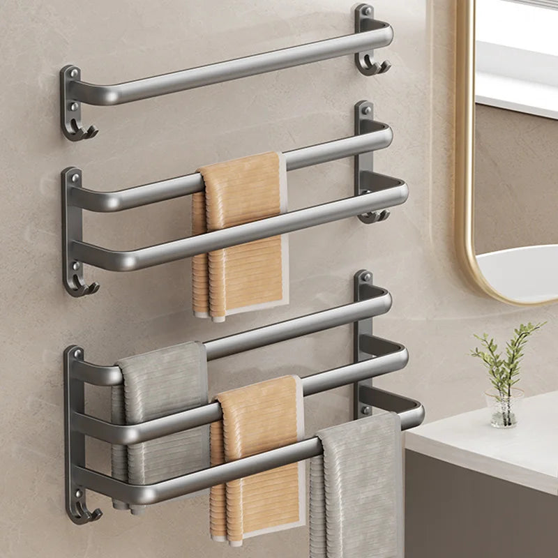 Space Aluminum Multi-Rod Wall Towel Bar – Rust-Proof Bathroom Rack with Hooks, 2 Install Options