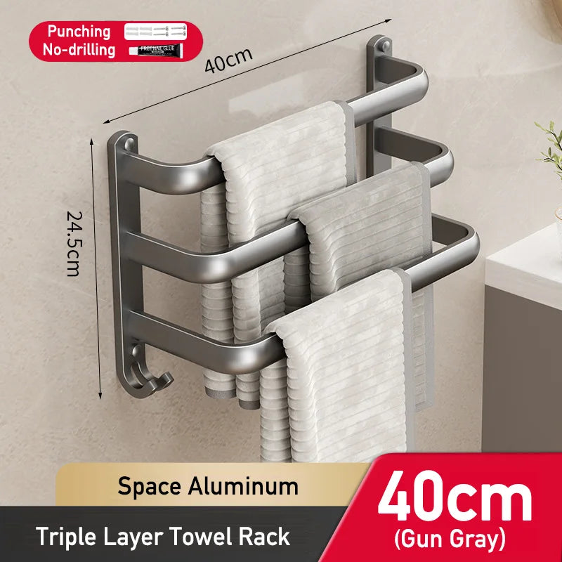 Space Aluminum Multi-Rod Wall Towel Bar – Rust-Proof Bathroom Rack with Hooks, 2 Install Options