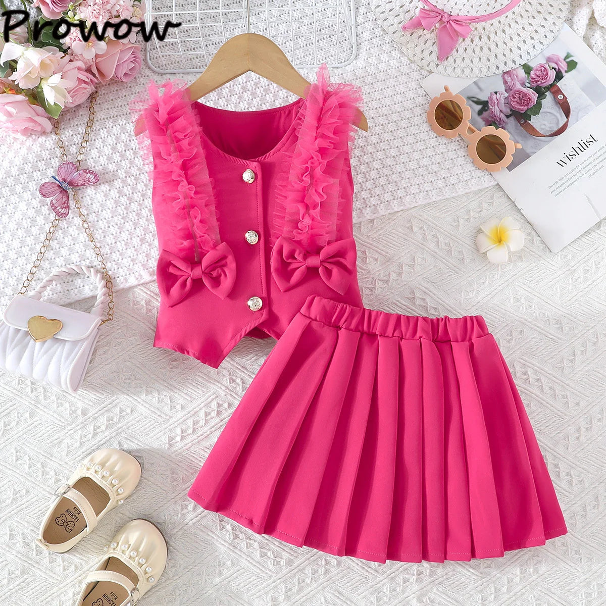 Prowow Girl School Outfit Flutter Sleeve Front Bow T-shirt and Vintage Printed Skirt Summer 2pcs Set For Children Clothing Girls