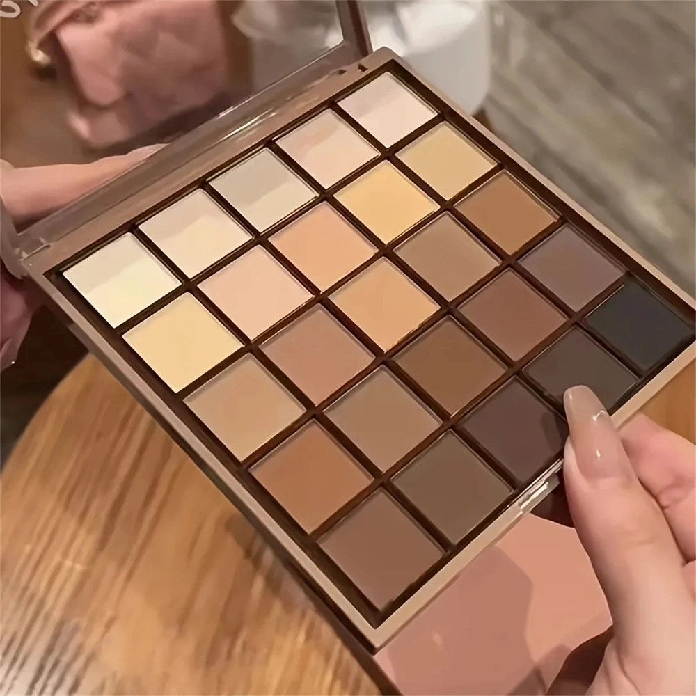 25-color eyeshadow palette - neutral gray and brown earth tones, coffee and chocolate shades, creating versatile, natural to dramatic makeup looks