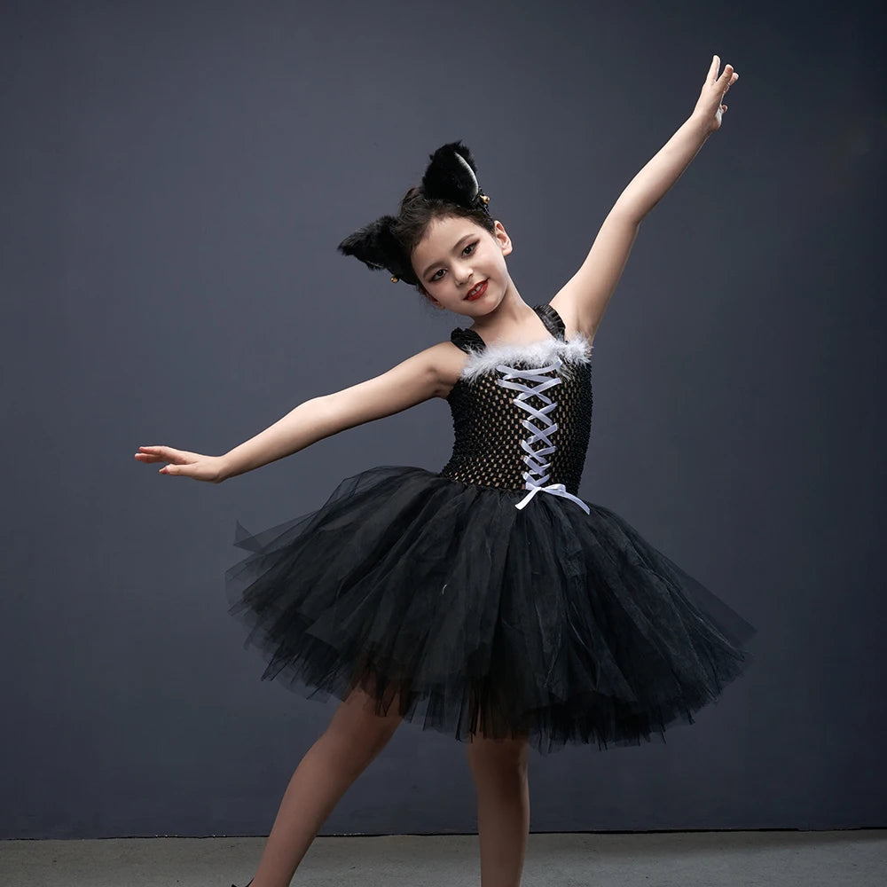 Black Cat Halloween Costume Kids Animal Fancy Tutu Dress with Ears Headband Baby Girls Cosplay Clothes Birthday Party Outfits