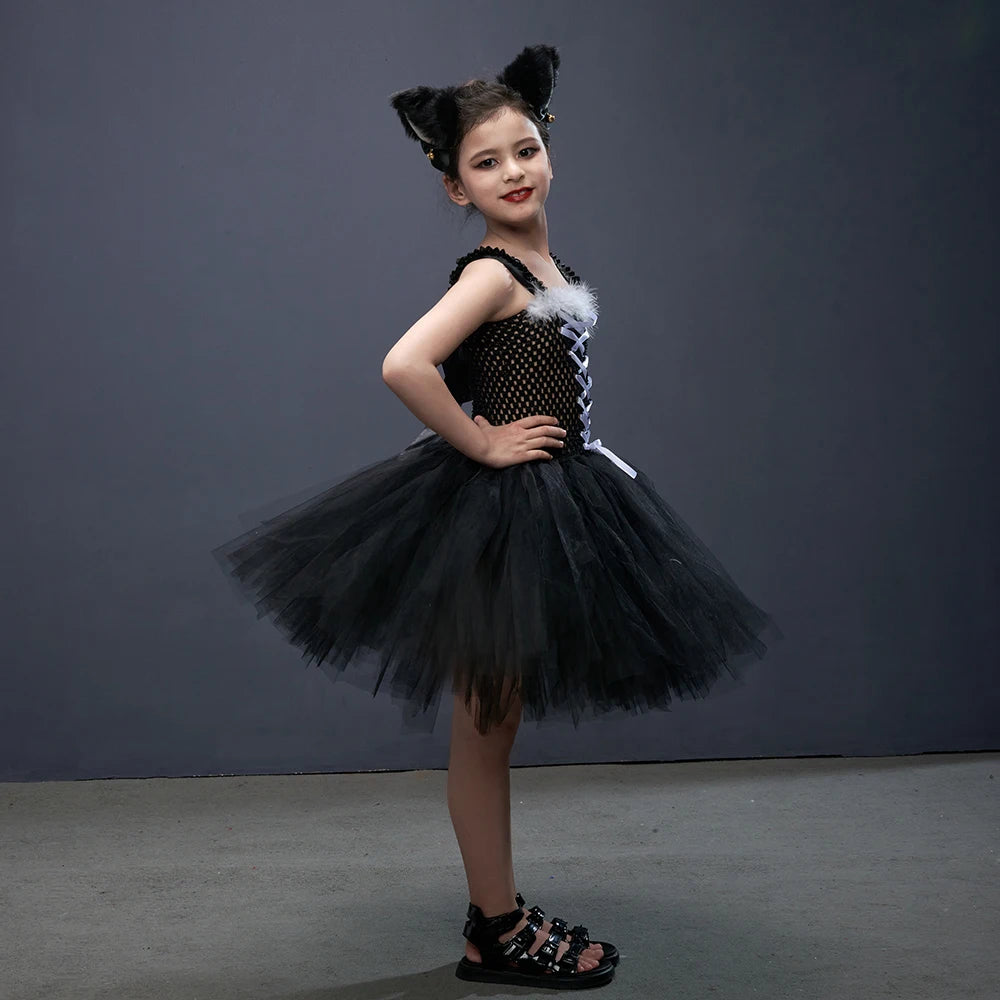 Black Cat Halloween Costume Kids Animal Fancy Tutu Dress with Ears Headband Baby Girls Cosplay Clothes Birthday Party Outfits