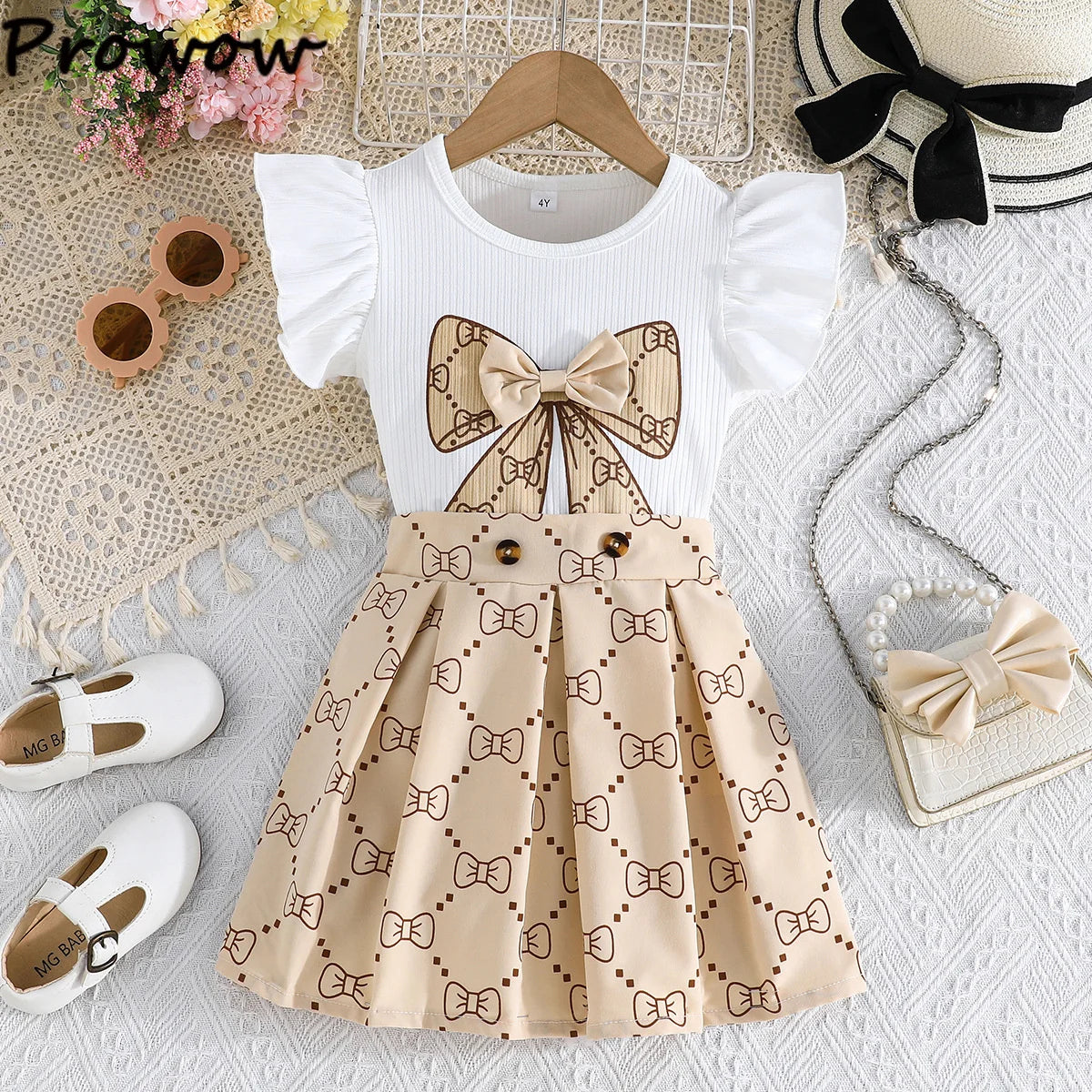 Prowow Girl School Outfit Flutter Sleeve Front Bow T-shirt and Vintage Printed Skirt Summer 2pcs Set For Children Clothing Girls