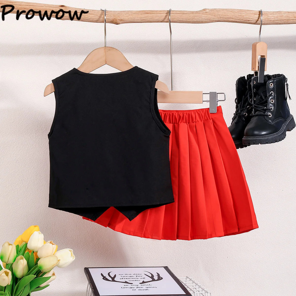 Prowow Girl School Outfit Flutter Sleeve Front Bow T-shirt and Vintage Printed Skirt Summer 2pcs Set For Children Clothing Girls