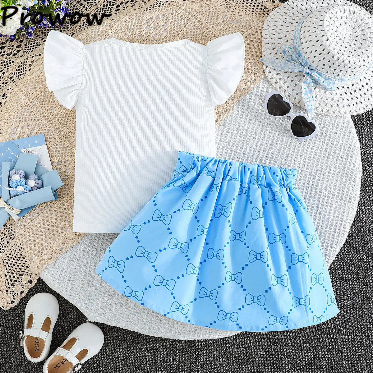 Prowow Girl School Outfit Flutter Sleeve Front Bow T-shirt and Vintage Printed Skirt Summer 2pcs Set For Children Clothing Girls