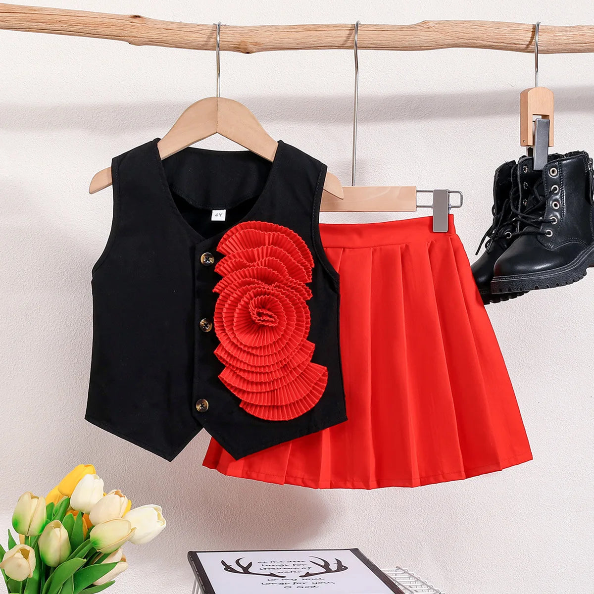 Prowow Girl School Outfit Flutter Sleeve Front Bow T-shirt and Vintage Printed Skirt Summer 2pcs Set For Children Clothing Girls