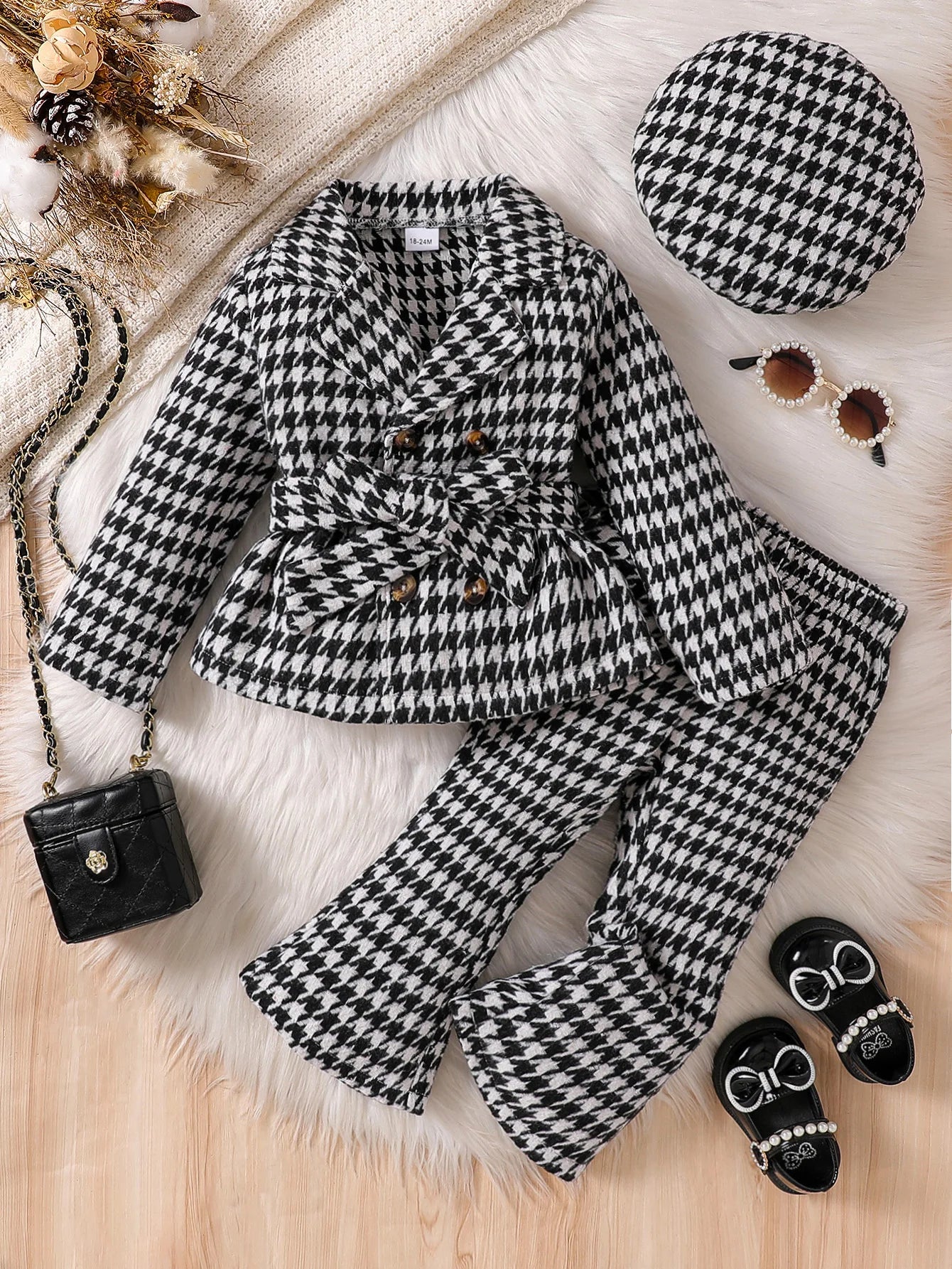 Children Girl 3Pcs Fall Outfits Long Sleeve Double Breasted Plaid Jacket with Belt Flare Pants Beret Hat Set Kids Suit For 1-6Y