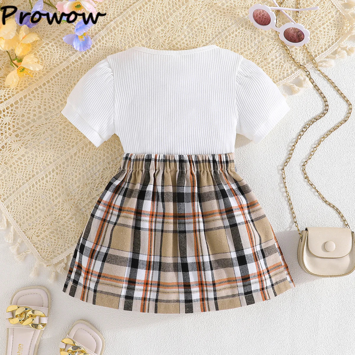 Prowow Girl School Outfit Flutter Sleeve Front Bow T-shirt and Vintage Printed Skirt Summer 2pcs Set For Children Clothing Girls