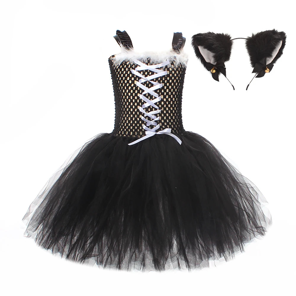 Black Cat Halloween Costume Kids Animal Fancy Tutu Dress with Ears Headband Baby Girls Cosplay Clothes Birthday Party Outfits