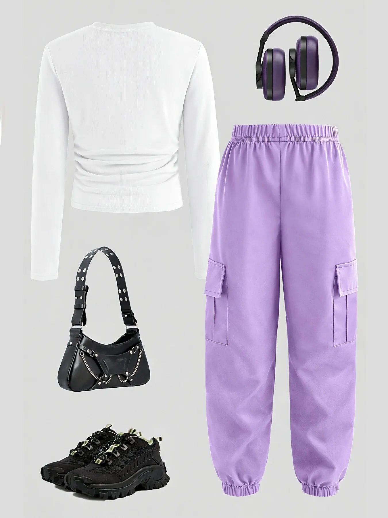 Kids Girls 2-Piece Anime Girl Print Ruched Long Sleeve Crop Top & Purple Cargo Joggers Set Casual Streetwear Daily School Outfit