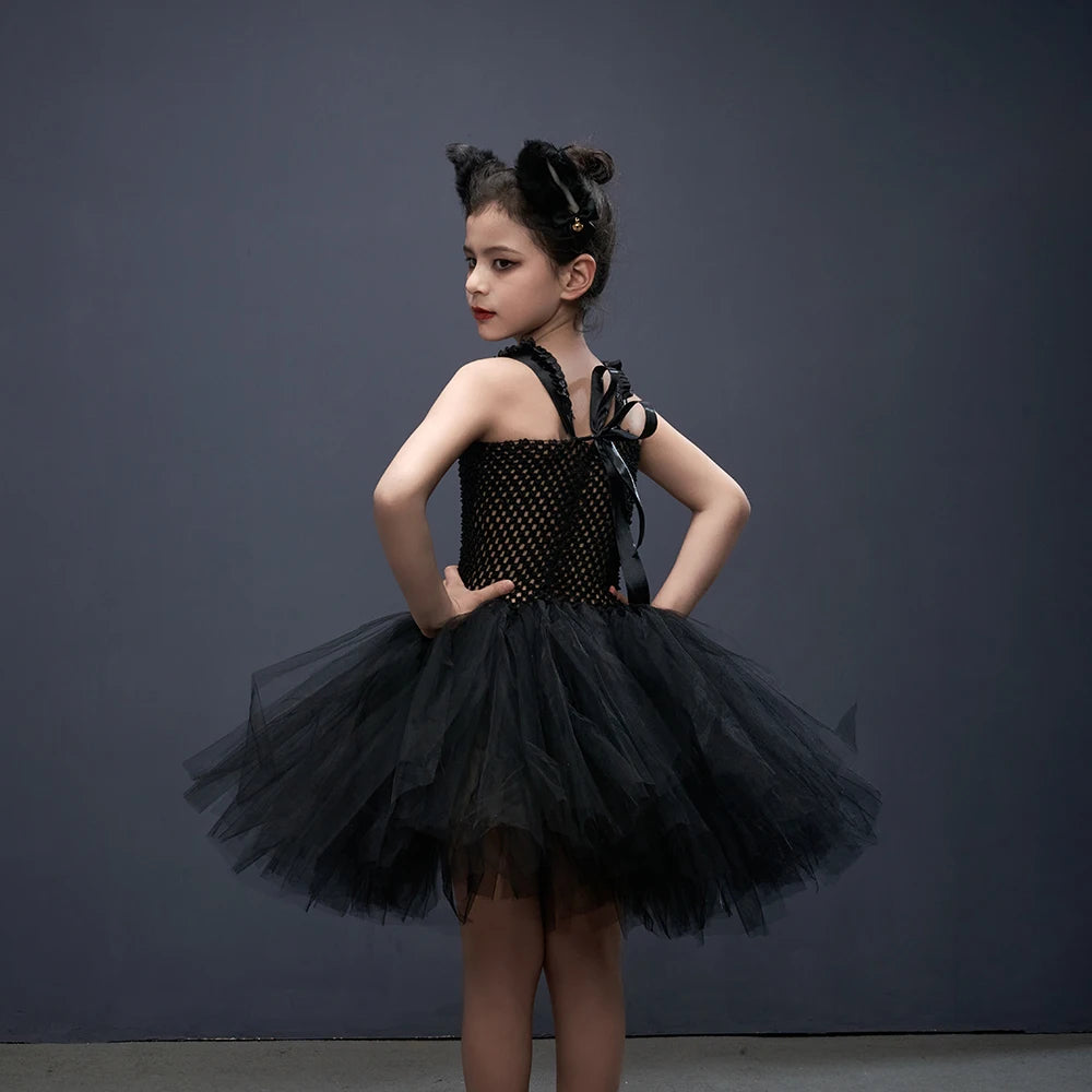 Black Cat Halloween Costume Kids Animal Fancy Tutu Dress with Ears Headband Baby Girls Cosplay Clothes Birthday Party Outfits