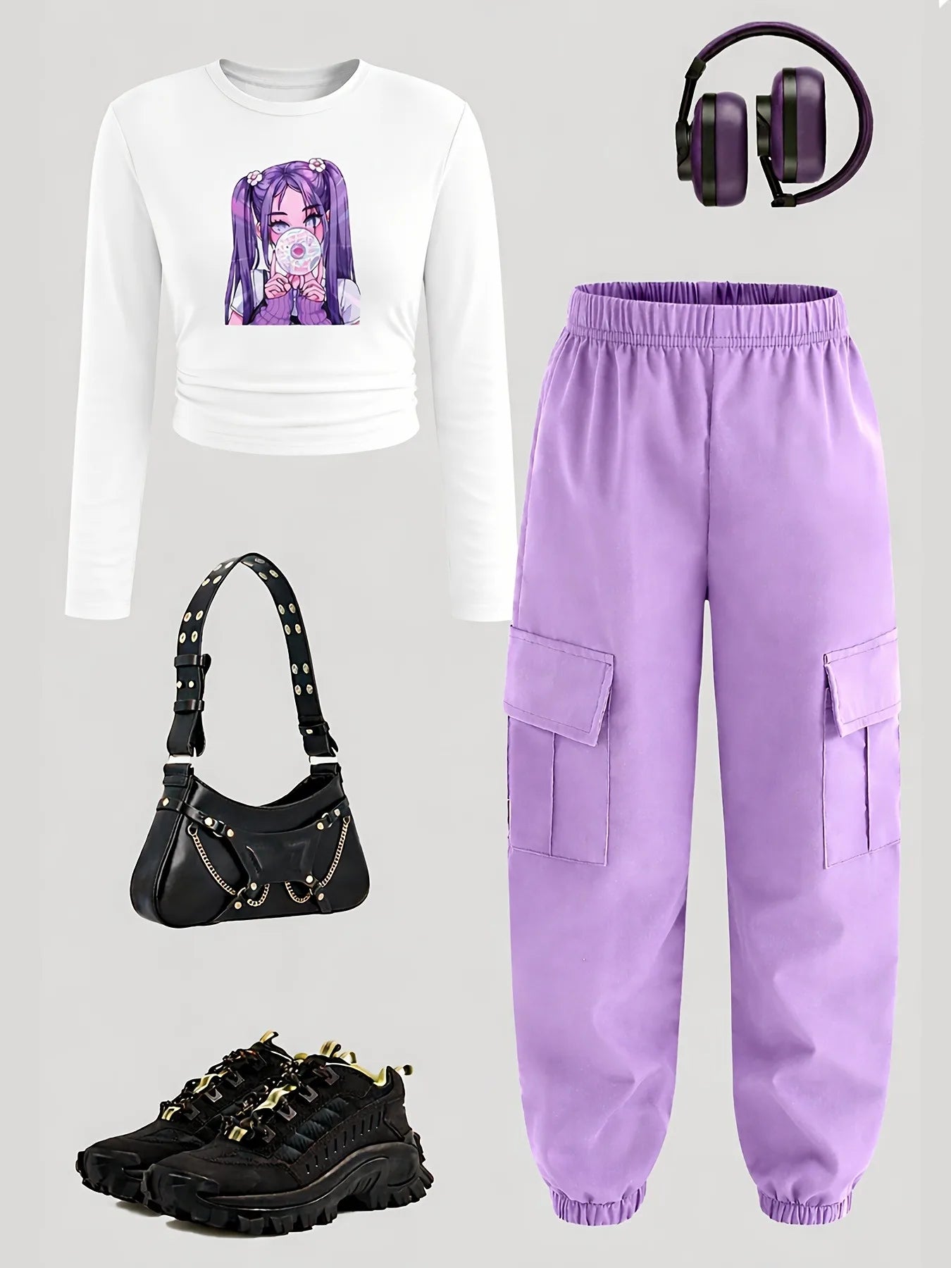 Kids Girls 2-Piece Anime Girl Print Ruched Long Sleeve Crop Top & Purple Cargo Joggers Set Casual Streetwear Daily School Outfit