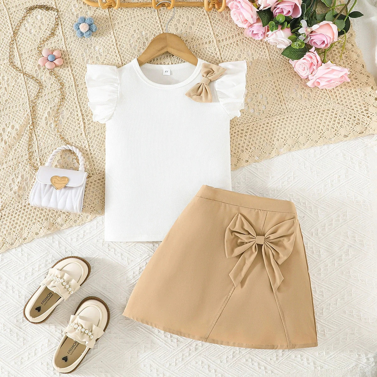 Prowow Girl School Outfit Flutter Sleeve Front Bow T-shirt and Vintage Printed Skirt Summer 2pcs Set For Children Clothing Girls