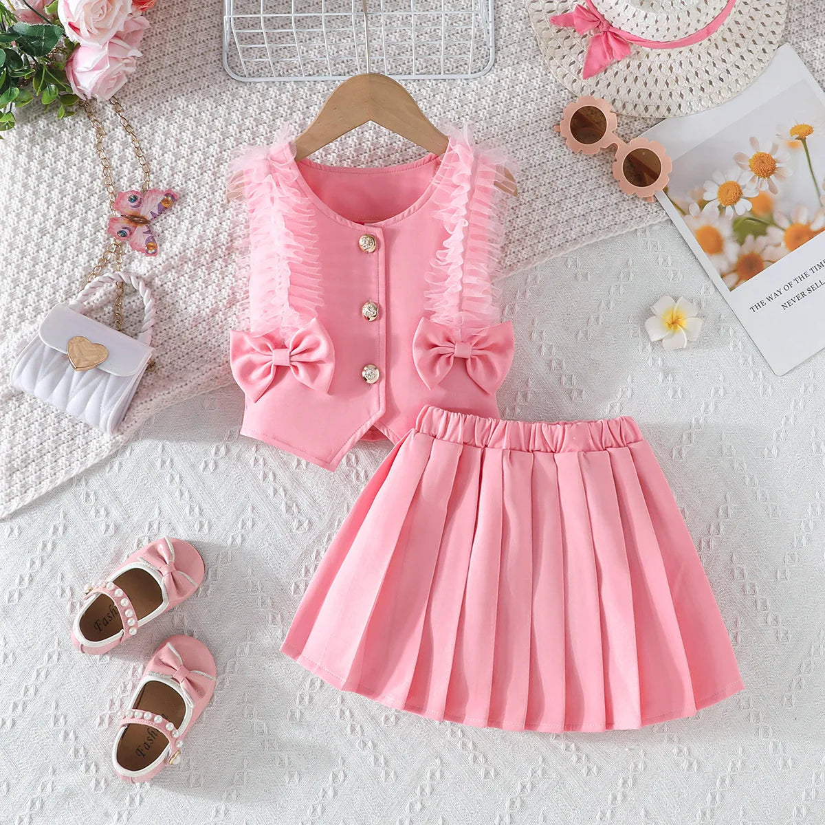 Prowow Girl School Outfit Flutter Sleeve Front Bow T-shirt and Vintage Printed Skirt Summer 2pcs Set For Children Clothing Girls