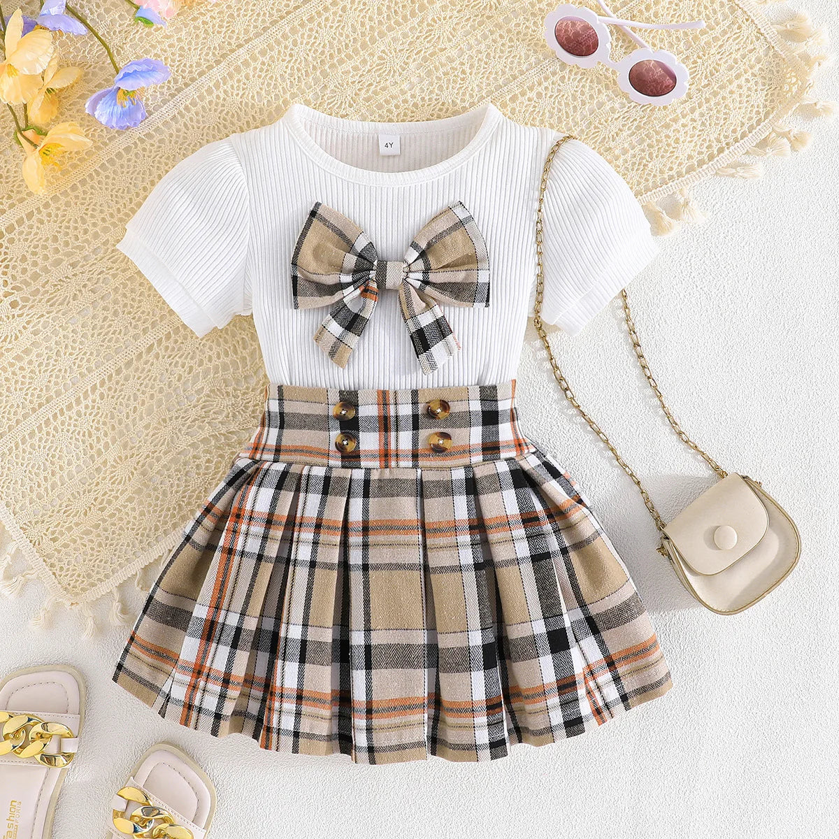 Prowow Girl School Outfit Flutter Sleeve Front Bow T-shirt and Vintage Printed Skirt Summer 2pcs Set For Children Clothing Girls