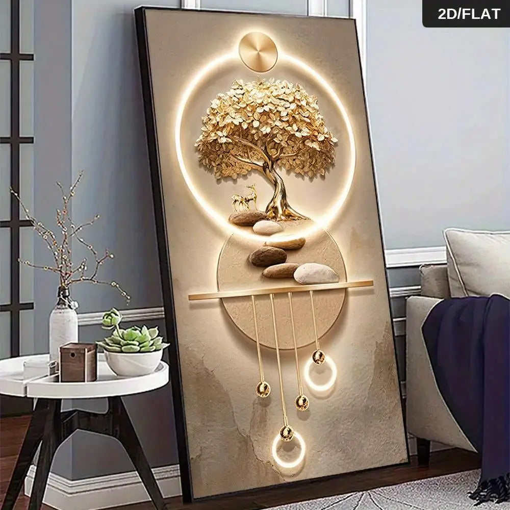 Abstract Tree of Life Canvas Wall Art – Golden Frameless Print for Living Room & Home Decor