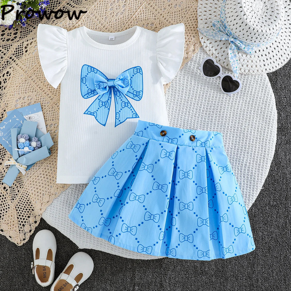 Prowow Girl School Outfit Flutter Sleeve Front Bow T-shirt and Vintage Printed Skirt Summer 2pcs Set For Children Clothing Girls