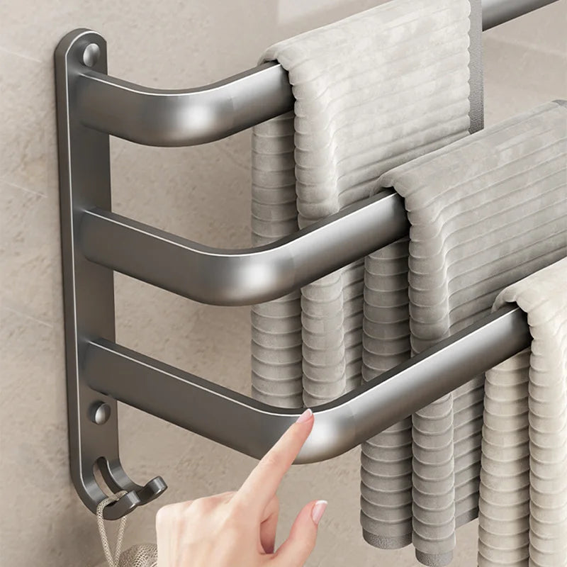 Space Aluminum Multi-Rod Wall Towel Bar – Rust-Proof Bathroom Rack with Hooks, 2 Install Options