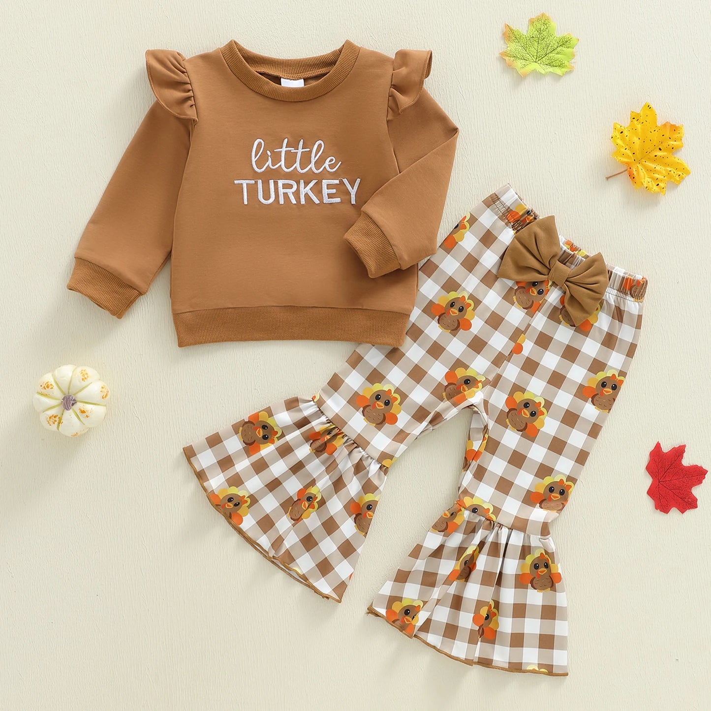 Toddler Little Girl Thanksgiving Outfit Children Letter Long Sleeve Sweatshirt and Plaid Turkey Flare Pants 2 Piece Set