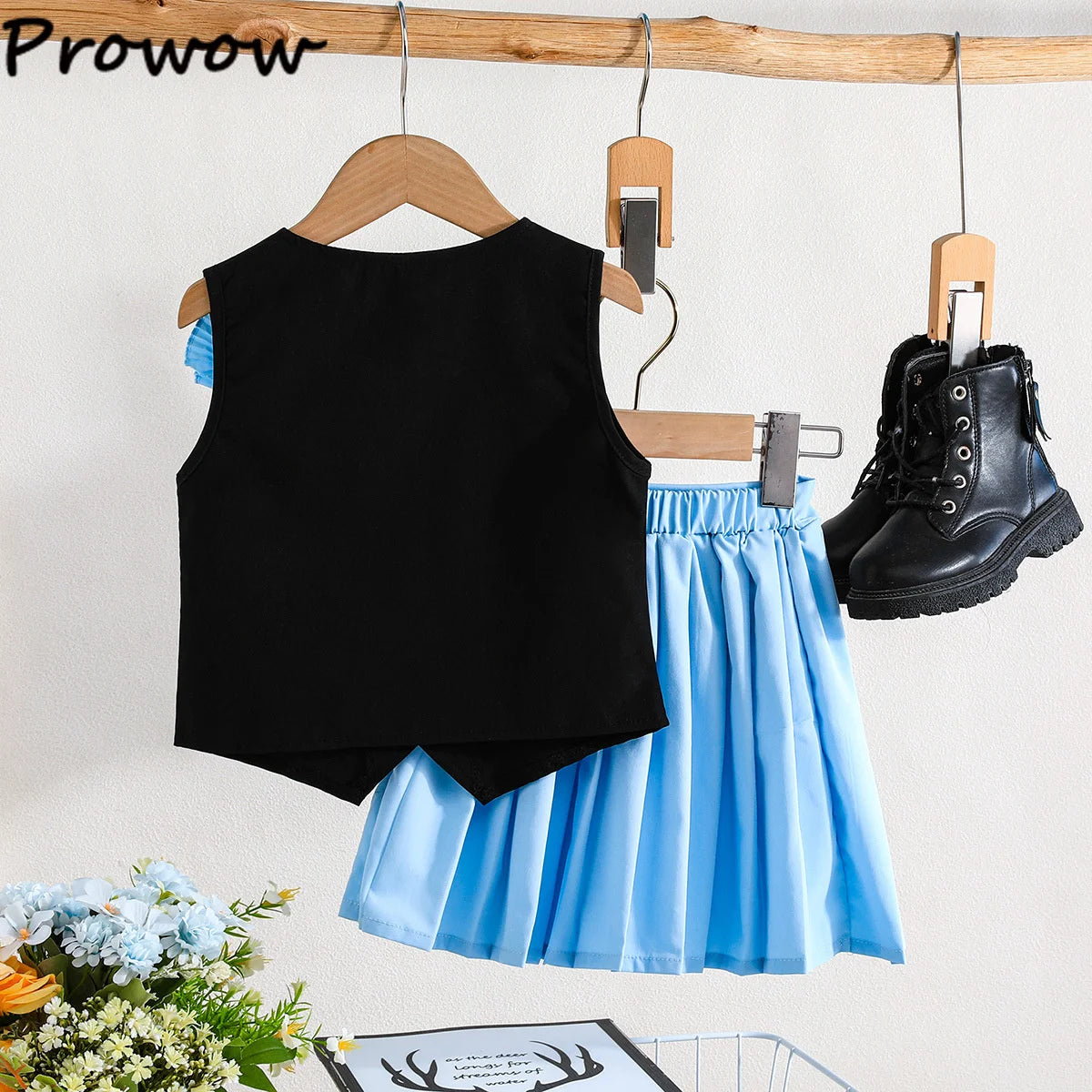 Prowow Girl School Outfit Flutter Sleeve Front Bow T-shirt and Vintage Printed Skirt Summer 2pcs Set For Children Clothing Girls