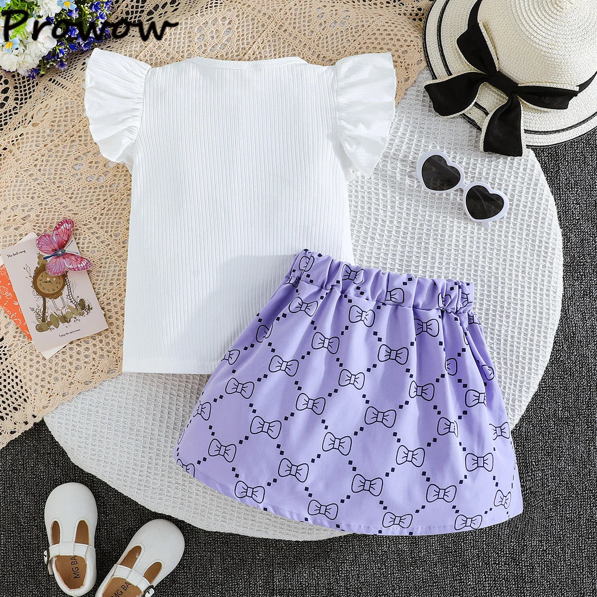 Prowow Girl School Outfit Flutter Sleeve Front Bow T-shirt and Vintage Printed Skirt Summer 2pcs Set For Children Clothing Girls