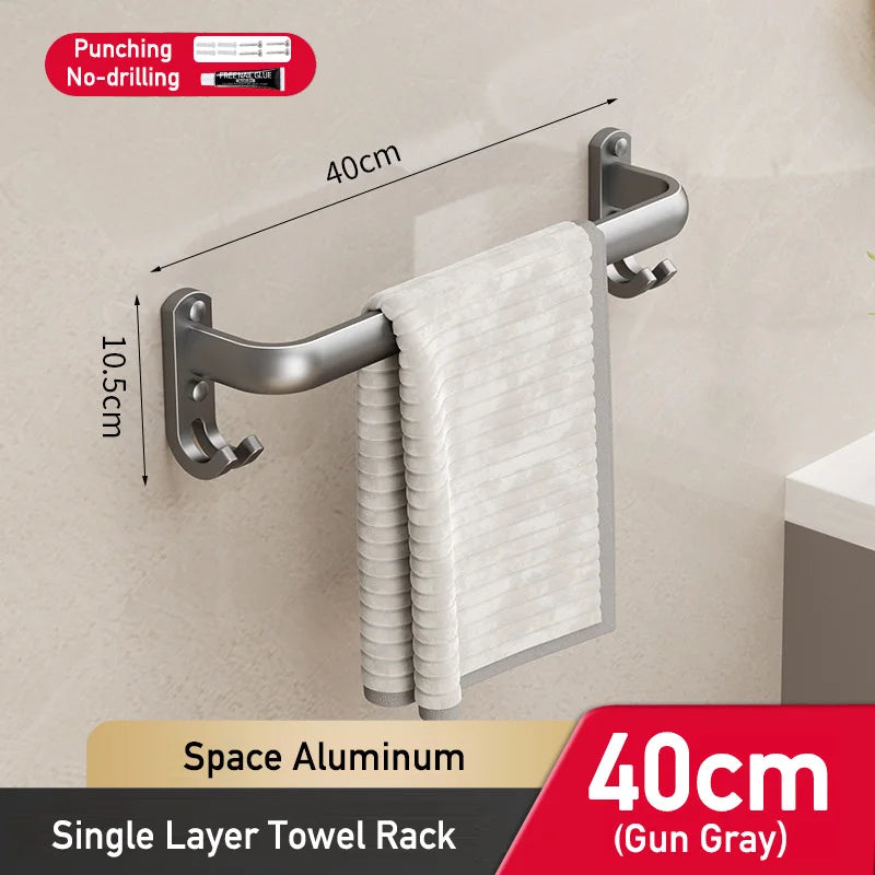 Space Aluminum Multi-Rod Wall Towel Bar – Rust-Proof Bathroom Rack with Hooks, 2 Install Options