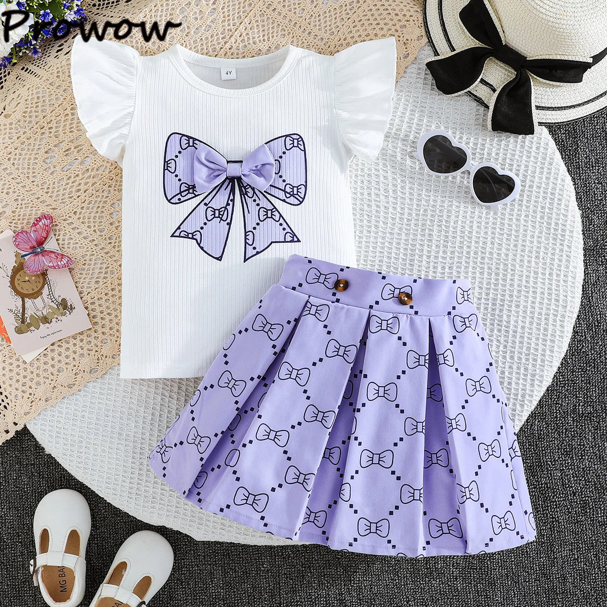 Prowow Girl School Outfit Flutter Sleeve Front Bow T-shirt and Vintage Printed Skirt Summer 2pcs Set For Children Clothing Girls