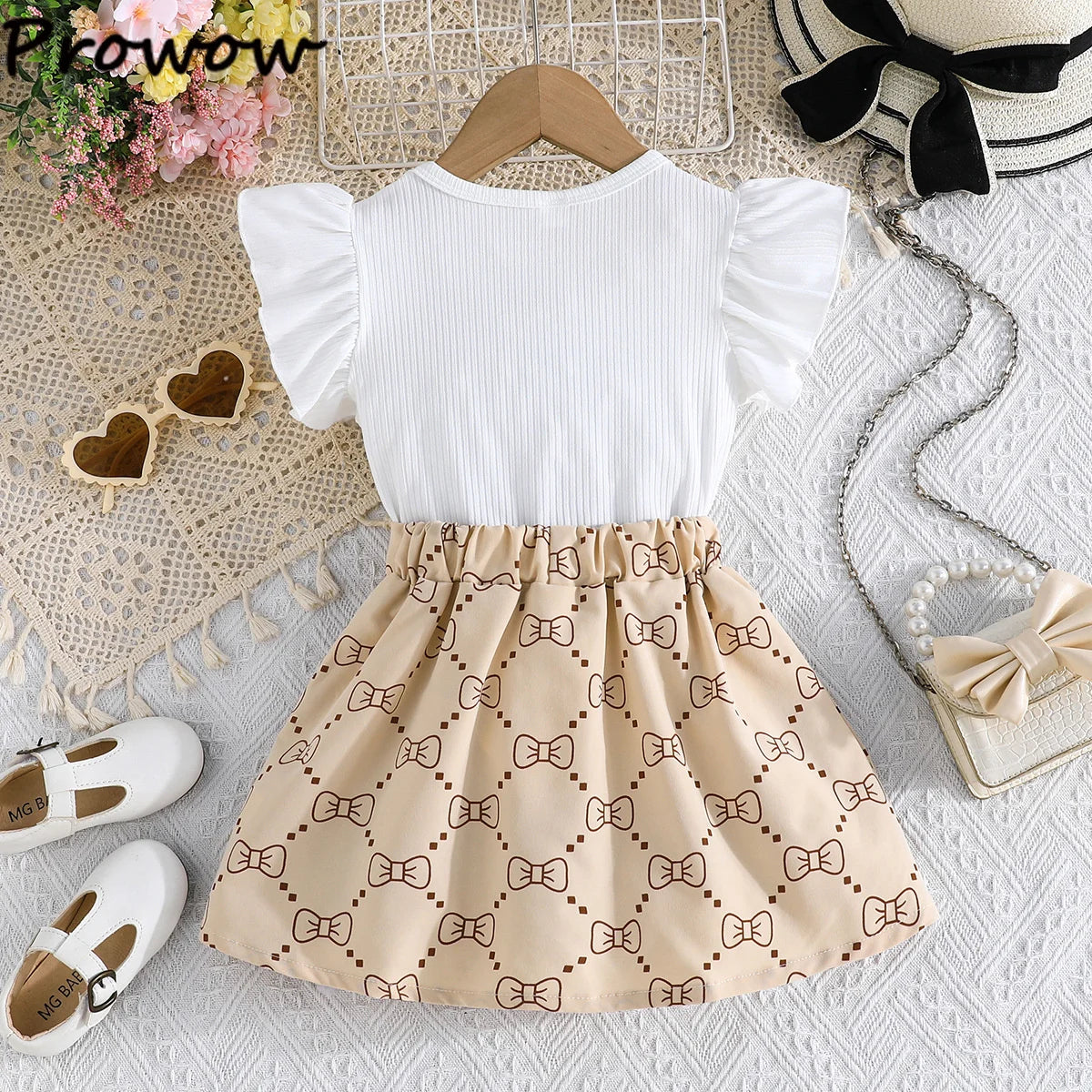 Prowow Girl School Outfit Flutter Sleeve Front Bow T-shirt and Vintage Printed Skirt Summer 2pcs Set For Children Clothing Girls