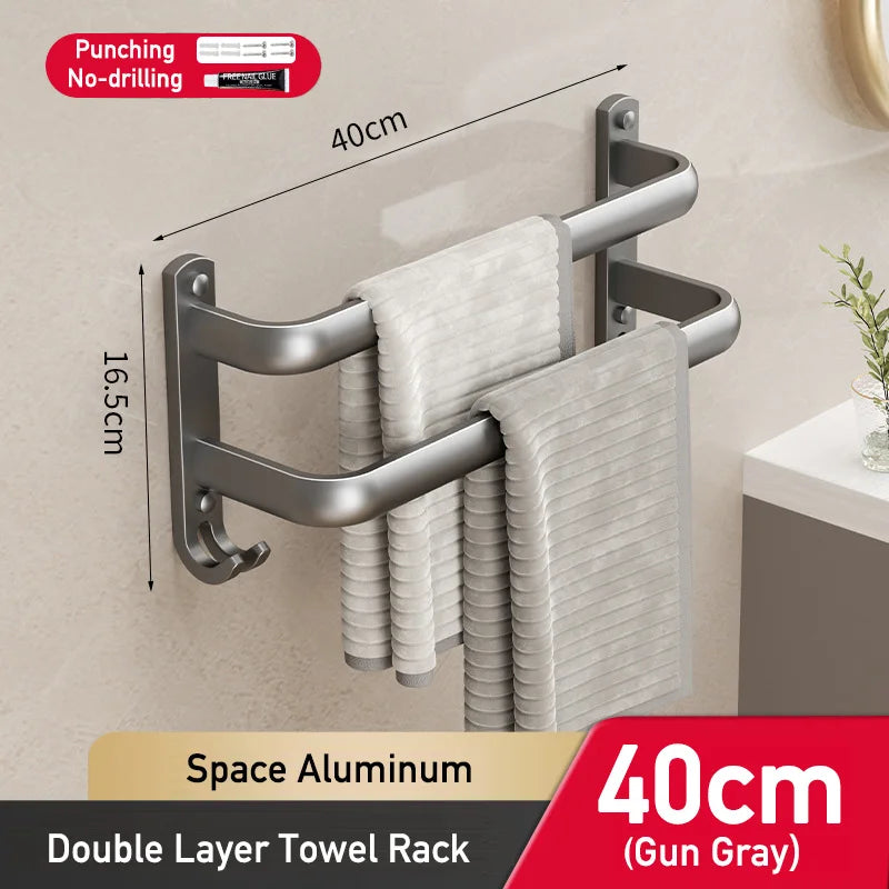 Space Aluminum Multi-Rod Wall Towel Bar – Rust-Proof Bathroom Rack with Hooks, 2 Install Options