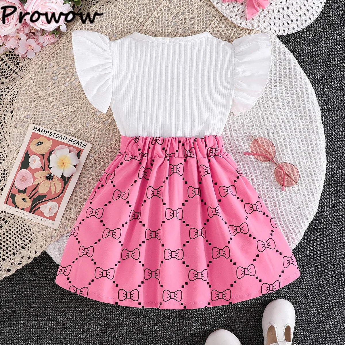 Prowow Girl School Outfit Flutter Sleeve Front Bow T-shirt and Vintage Printed Skirt Summer 2pcs Set For Children Clothing Girls