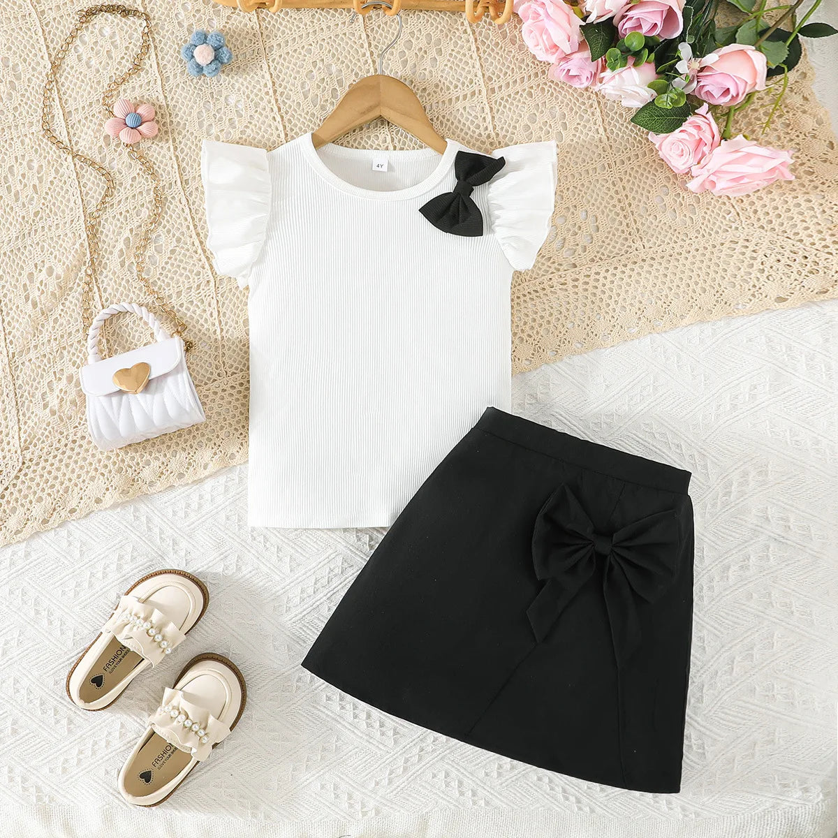 Prowow Girl School Outfit Flutter Sleeve Front Bow T-shirt and Vintage Printed Skirt Summer 2pcs Set For Children Clothing Girls