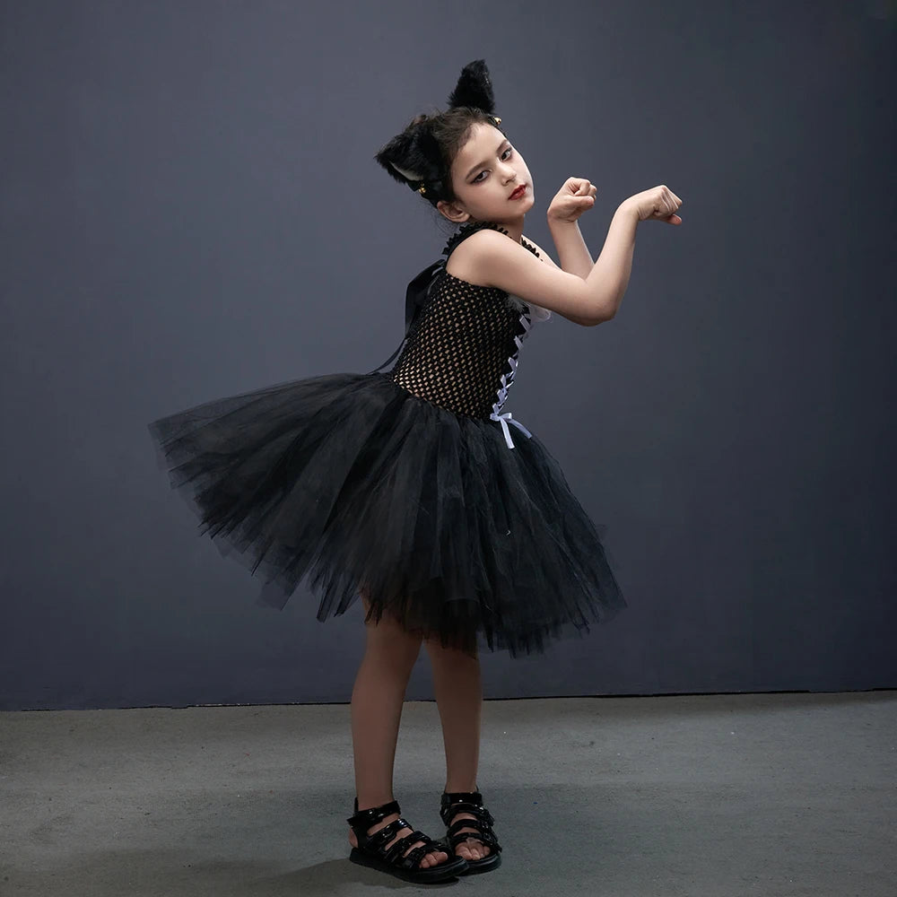 Black Cat Halloween Costume Kids Animal Fancy Tutu Dress with Ears Headband Baby Girls Cosplay Clothes Birthday Party Outfits