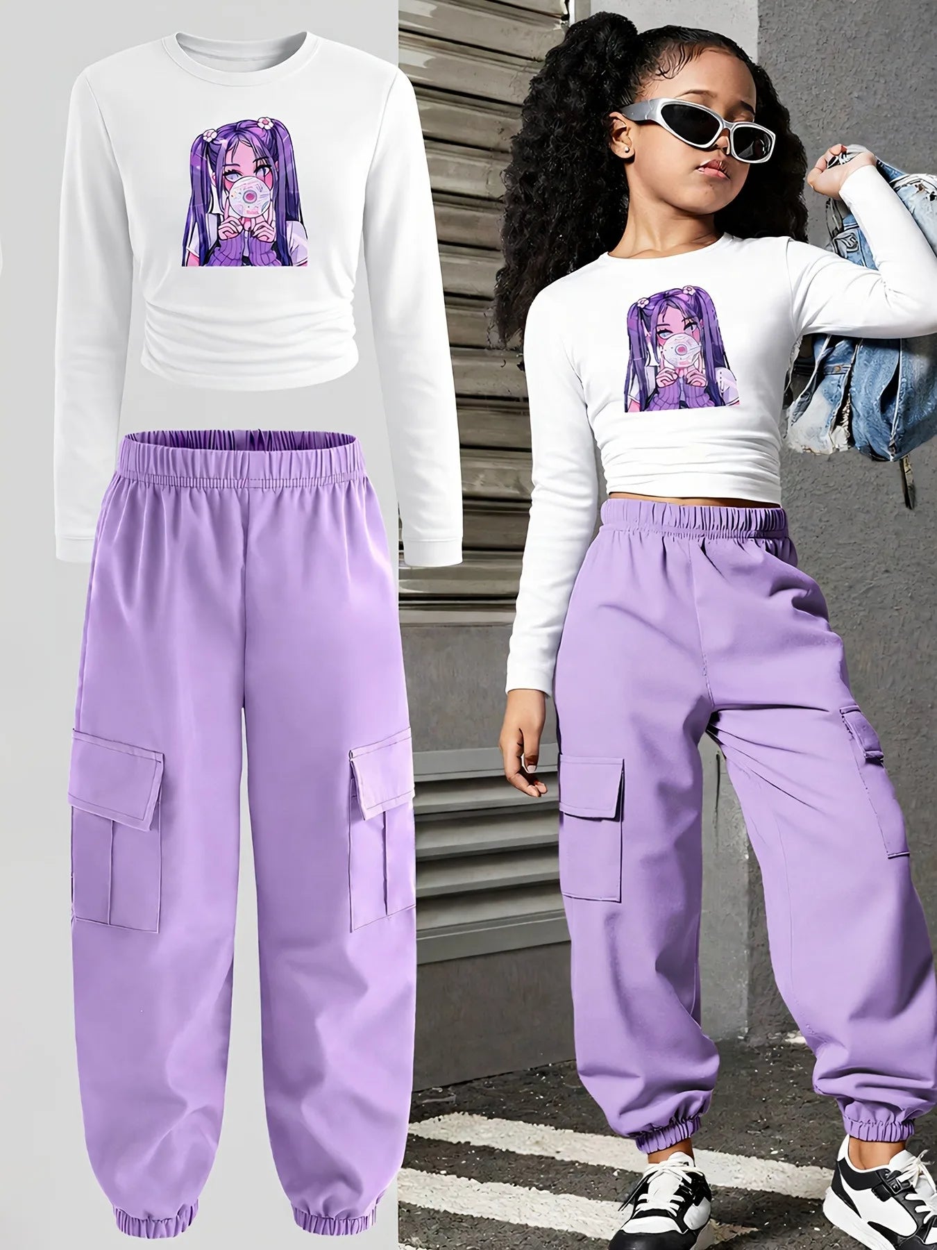Kids Girls 2-Piece Anime Girl Print Ruched Long Sleeve Crop Top & Purple Cargo Joggers Set Casual Streetwear Daily School Outfit