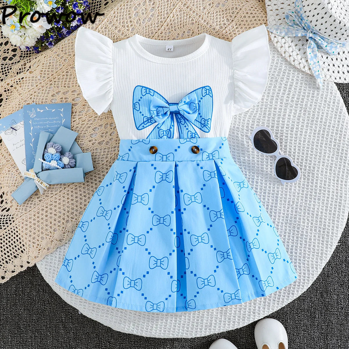 Prowow Girl School Outfit Flutter Sleeve Front Bow T-shirt and Vintage Printed Skirt Summer 2pcs Set For Children Clothing Girls