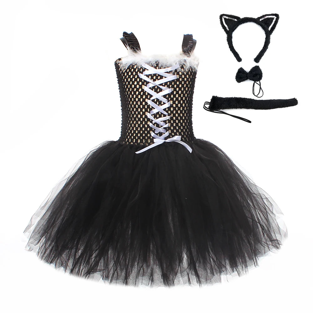 Black Cat Halloween Costume Kids Animal Fancy Tutu Dress with Ears Headband Baby Girls Cosplay Clothes Birthday Party Outfits
