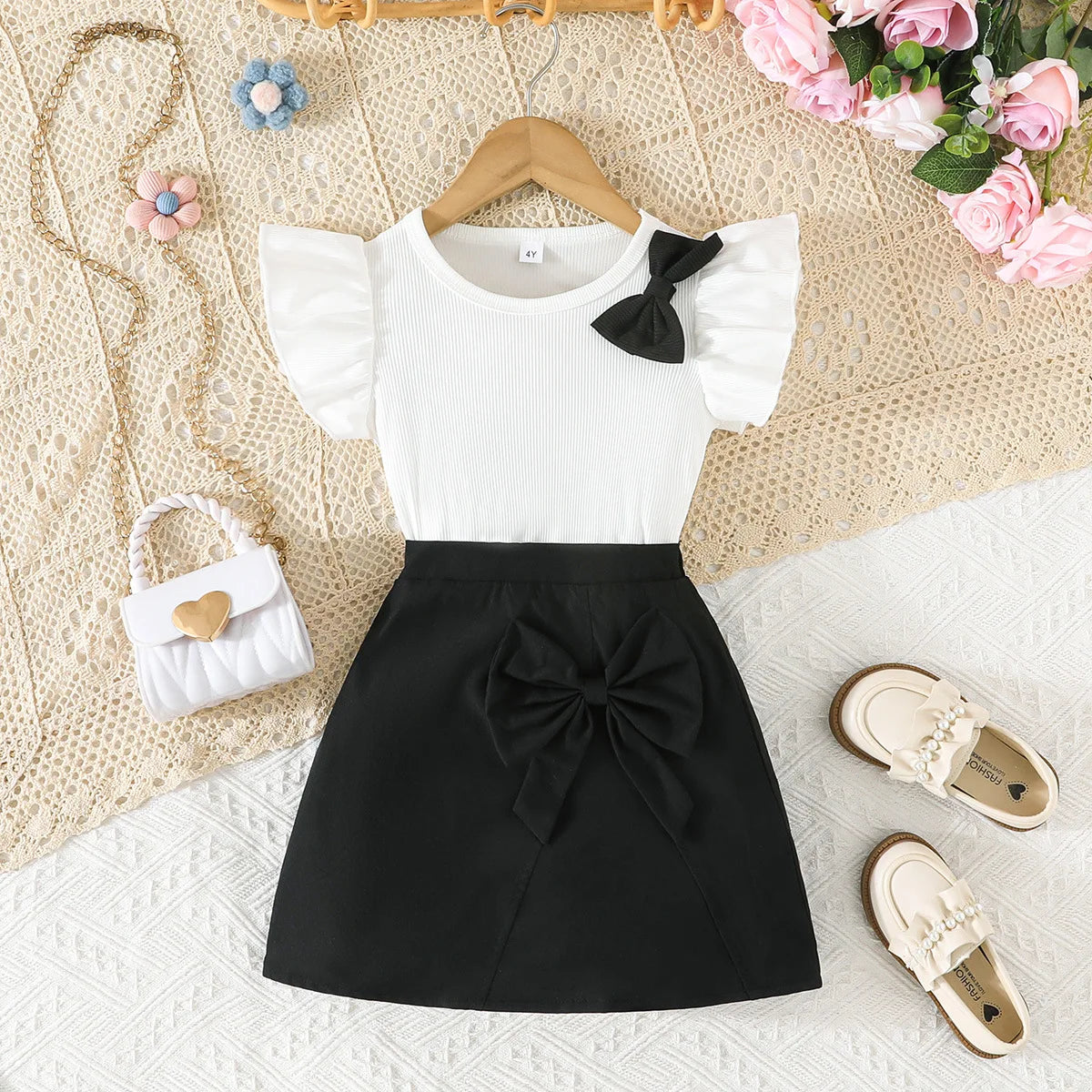 Prowow Girl School Outfit Flutter Sleeve Front Bow T-shirt and Vintage Printed Skirt Summer 2pcs Set For Children Clothing Girls