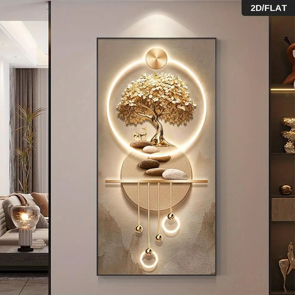 Abstract Tree of Life Canvas Wall Art – Golden Frameless Print for Living Room & Home Decor