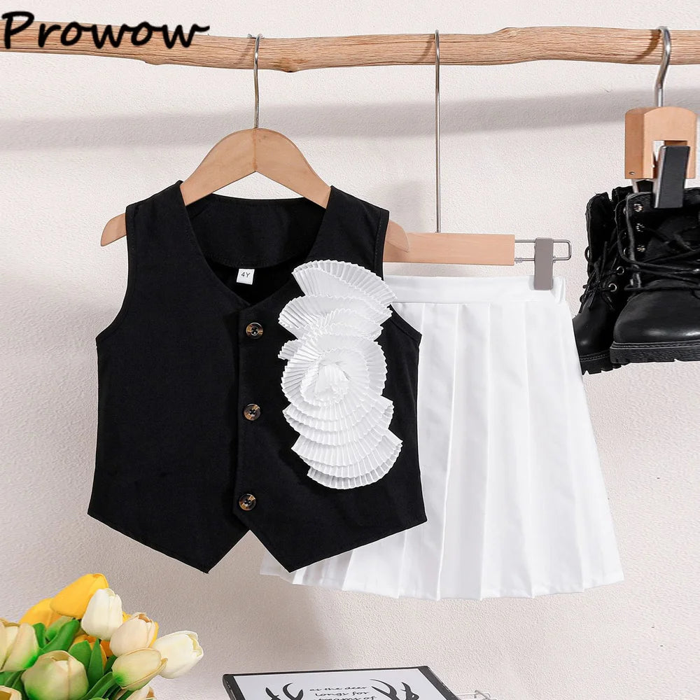 Prowow Girl School Outfit Flutter Sleeve Front Bow T-shirt and Vintage Printed Skirt Summer 2pcs Set For Children Clothing Girls