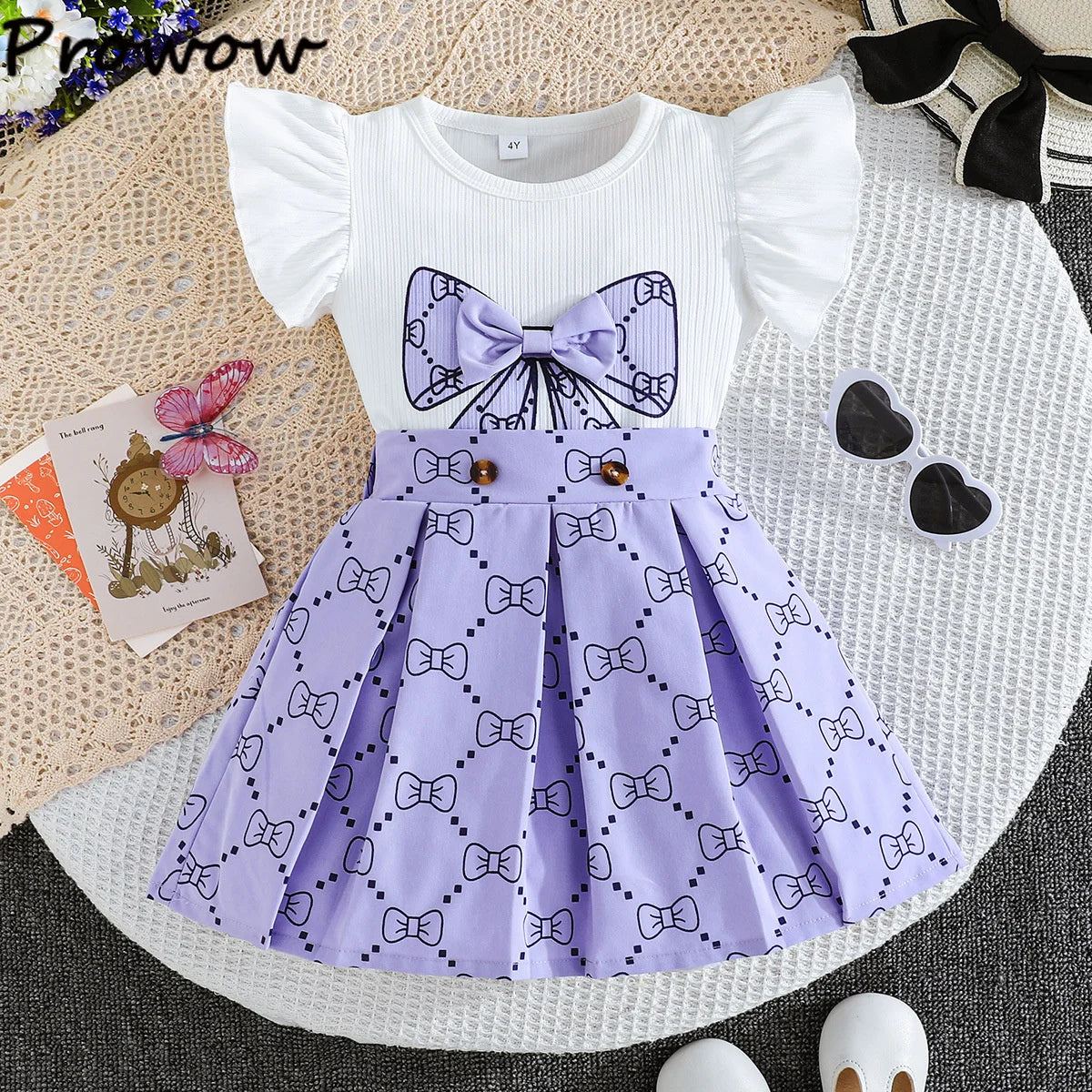 Prowow Girl School Outfit Flutter Sleeve Front Bow T-shirt and Vintage Printed Skirt Summer 2pcs Set For Children Clothing Girls