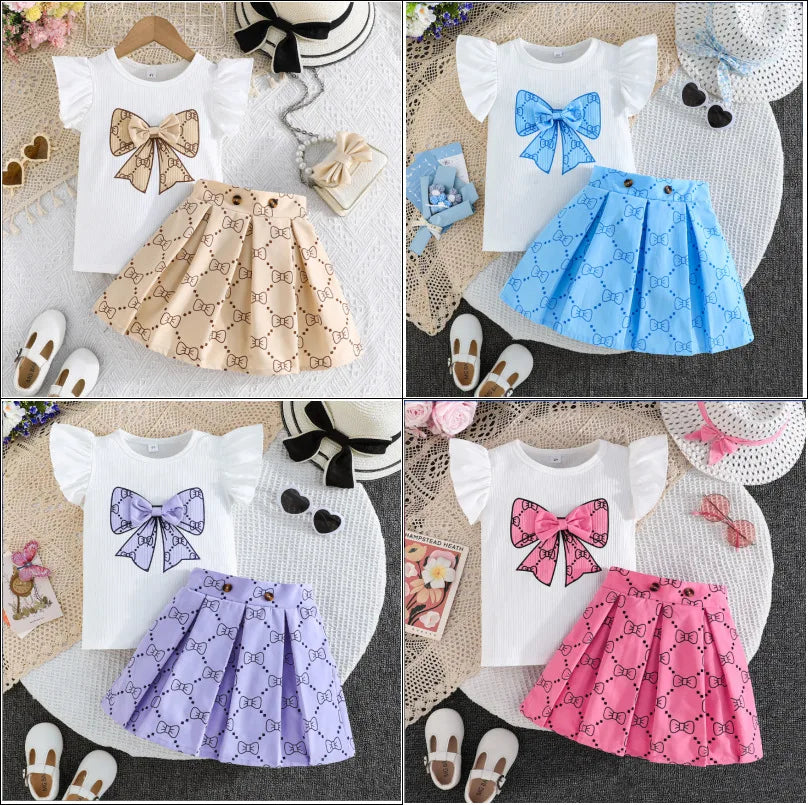 Prowow Girl School Outfit Flutter Sleeve Front Bow T-shirt and Vintage Printed Skirt Summer 2pcs Set For Children Clothing Girls